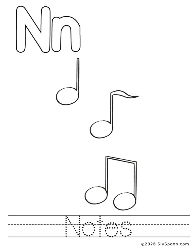 St. Patrick’s Day letter N color and trace worksheet with music notes picture to color and the word notes to trace