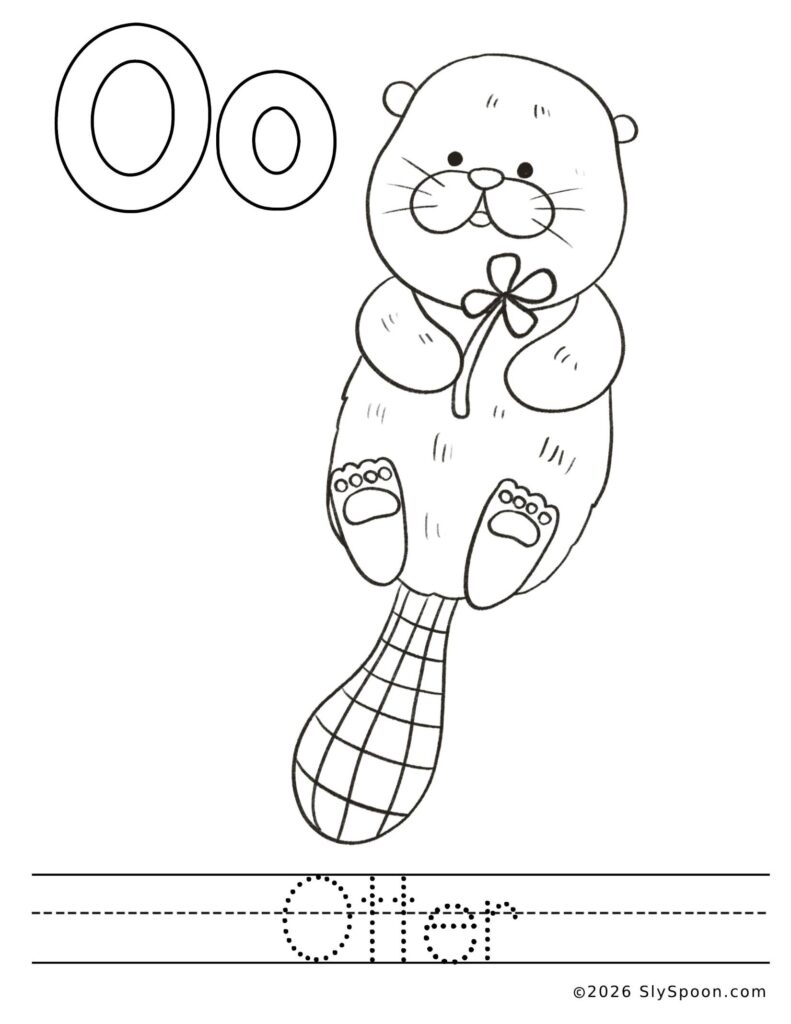 St. Patrick’s Day letter O color and trace worksheet with an otter picture to color and the word otter to trace