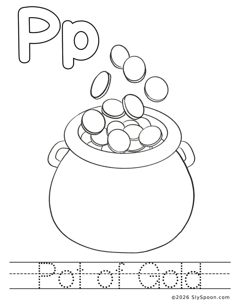 St. Patrick’s Day letter P color and trace worksheet with a pot of gold picture to color and the words pot of gold to trace
