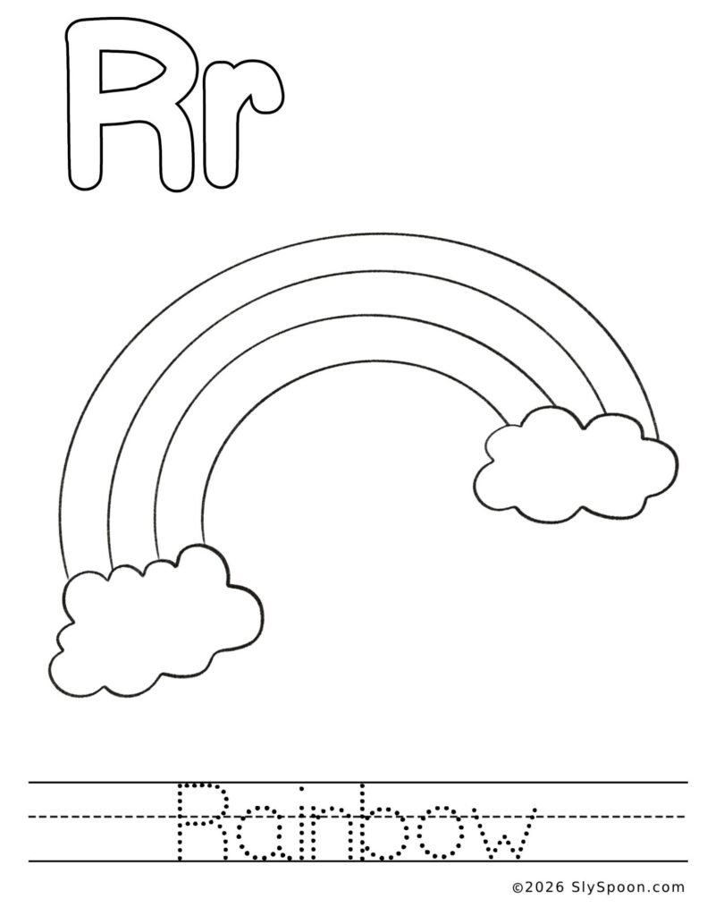 St. Patrick’s Day letter R color and trace worksheet with a rainbow picture to color and the word rainbow to trace