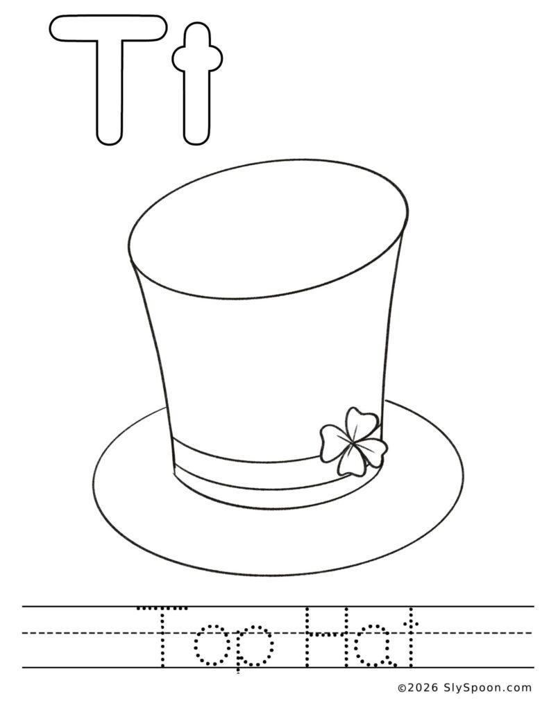 St. Patrick’s Day letter T color and trace worksheet with a top hat picture to color and the words top hat to trace