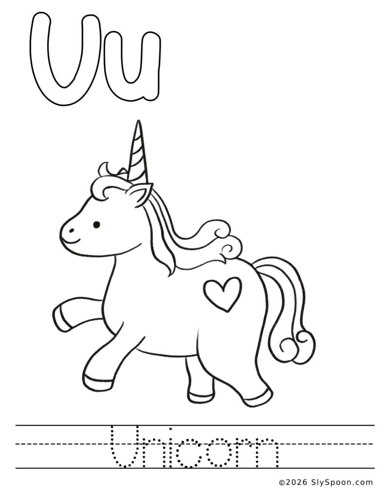 St. Patrick’s Day letter U color and trace worksheet with a unicorn picture to color and the word unicorn to trace