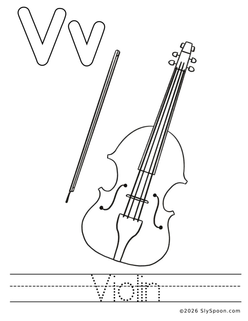 St. Patrick’s Day letter V color and trace worksheet with a violin picture to color and the word violin to trace