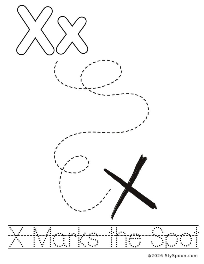 St. Patrick’s Day letter X color and trace worksheet with a treasure map picture and the phrase X marks the spot to trace