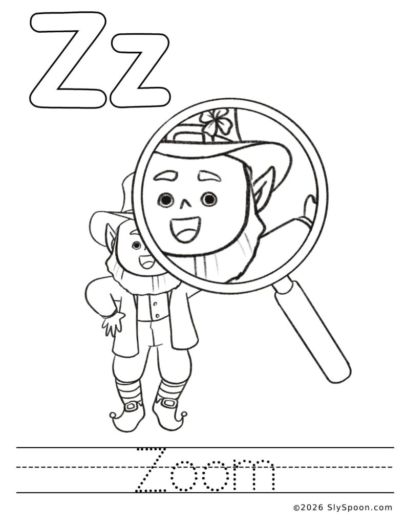 St. Patrick’s Day letter Z color and trace worksheet with a magnifying glass over a leprechaun and the word zoom to trace