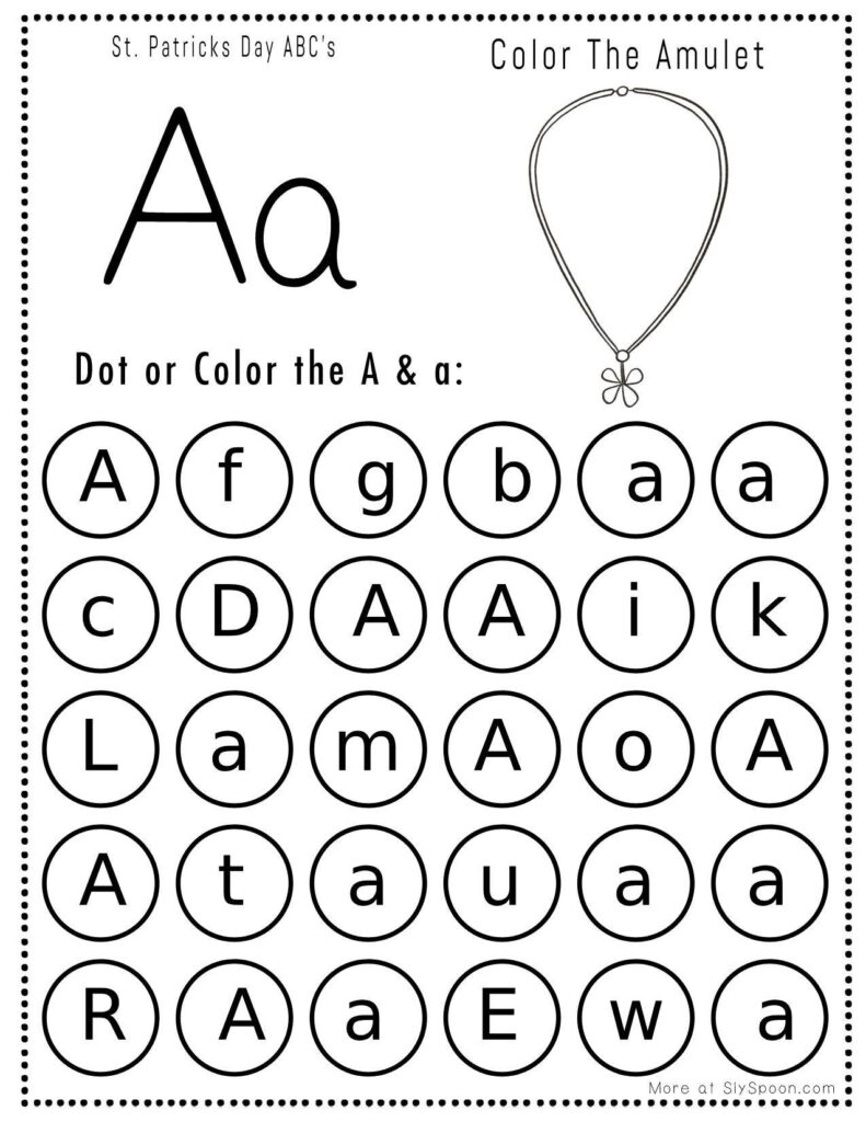 St. Patrick’s Day letter A dot marker worksheet where kids find and mark uppercase and lowercase A letters, with a leprechaun amulet to color