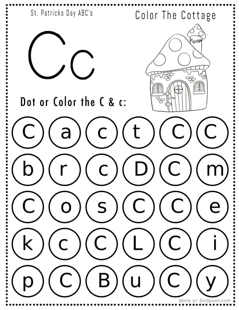 St. Patrick’s Day letter C dot marker worksheet where kids find and dab uppercase and lowercase C letters, with a leprechaun cottage picture to color