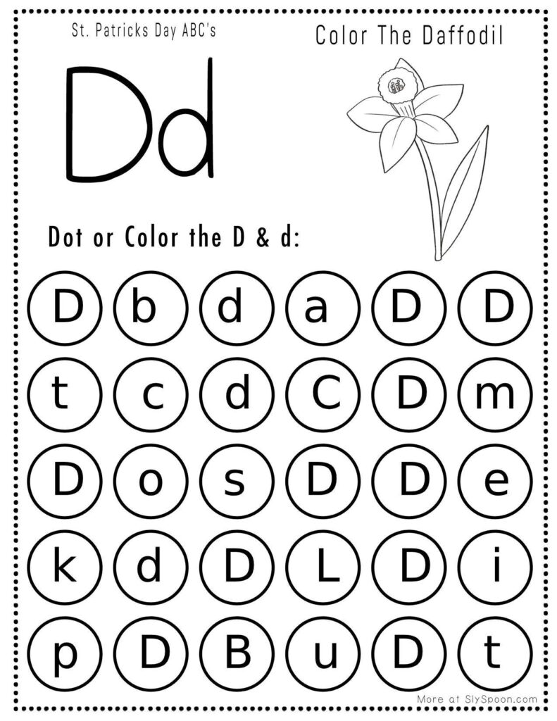 St. Patrick’s Day letter D dot marker worksheet where kids find and dab uppercase and lowercase D letters, with a leprechaun daffodil picture to color
