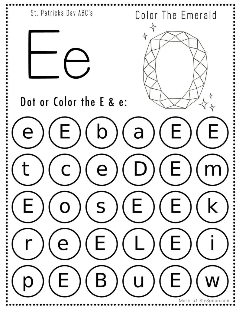 St. Patrick’s Day letter E dot marker worksheet where kids find and dab uppercase and lowercase E letters, with an emerald picture to color