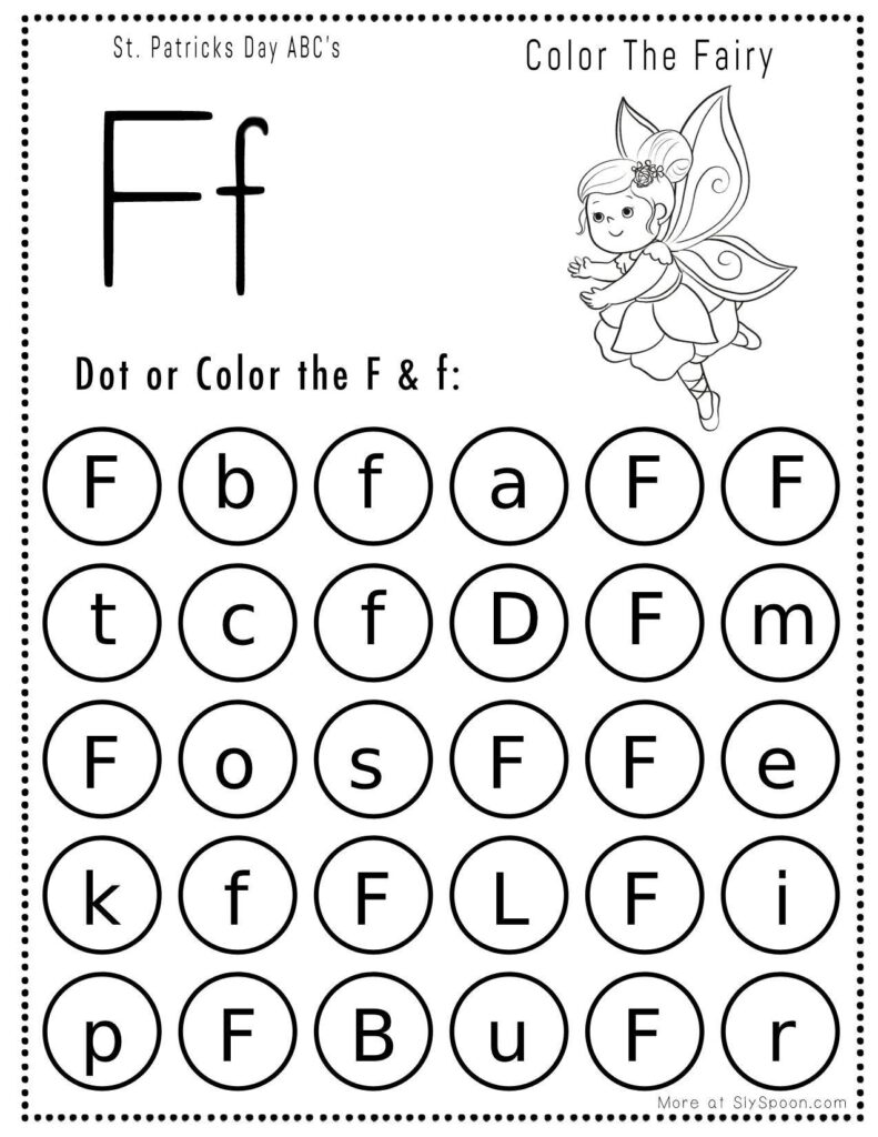 St. Patrick’s Day letter F dot marker worksheet where kids find and dab uppercase and lowercase F letters, with a fairy picture to color