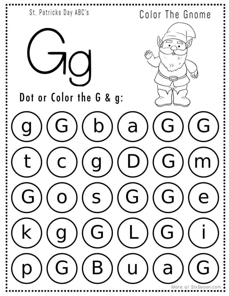 St. Patrick’s Day letter G dot marker worksheet where kids find and dab uppercase and lowercase G letters, with a gnome picture to color