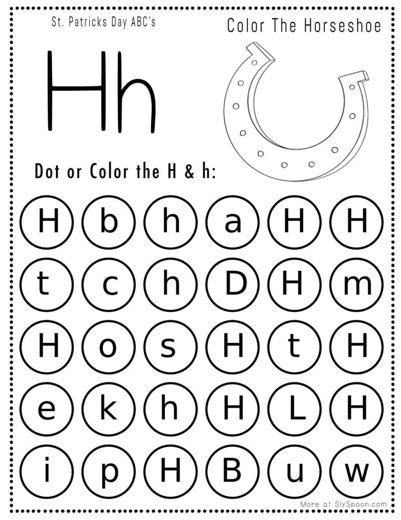 St. Patrick’s Day letter H dot marker worksheet where kids find and dab uppercase and lowercase H letters, with a lucky horseshoe picture to color