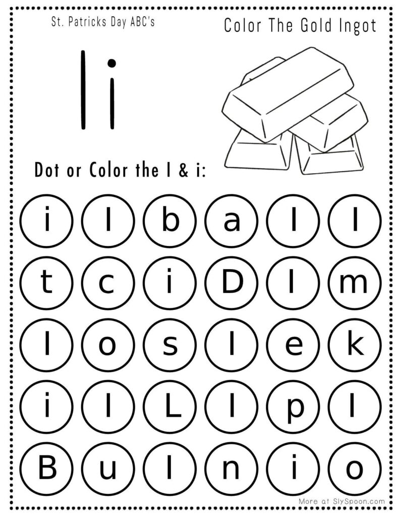 St. Patrick’s Day letter I dot marker worksheet where kids find and dab uppercase and lowercase I letters, with a gold ingot picture to color