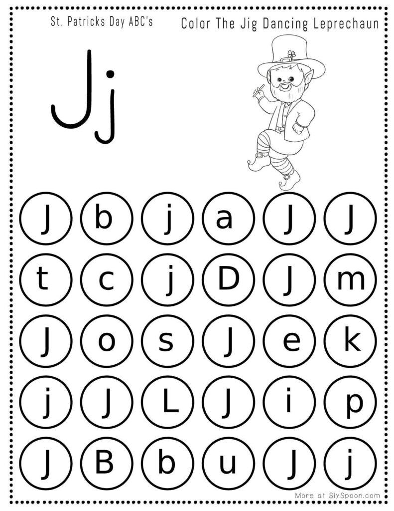 St. Patrick’s Day letter J dot marker worksheet where kids find and dab uppercase and lowercase J letters, with a leprechaun dancing picture to color
