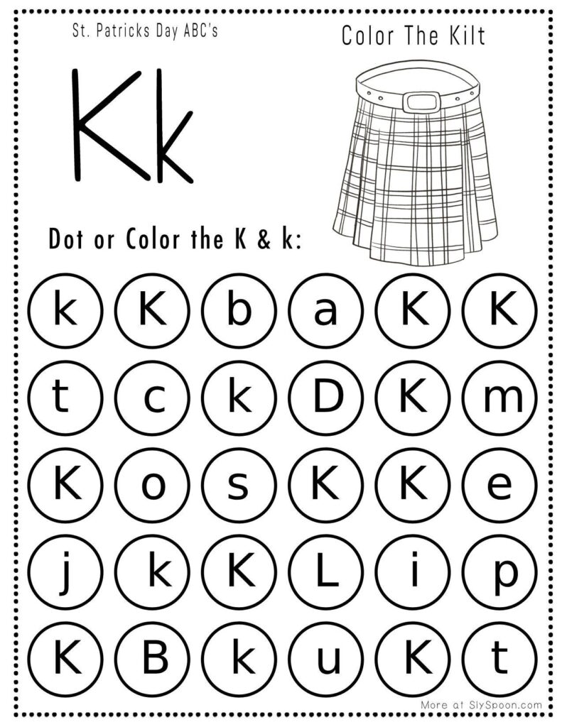 St. Patrick’s Day letter K dot marker worksheet where kids find and dab uppercase and lowercase K letters, with a kilt picture to color