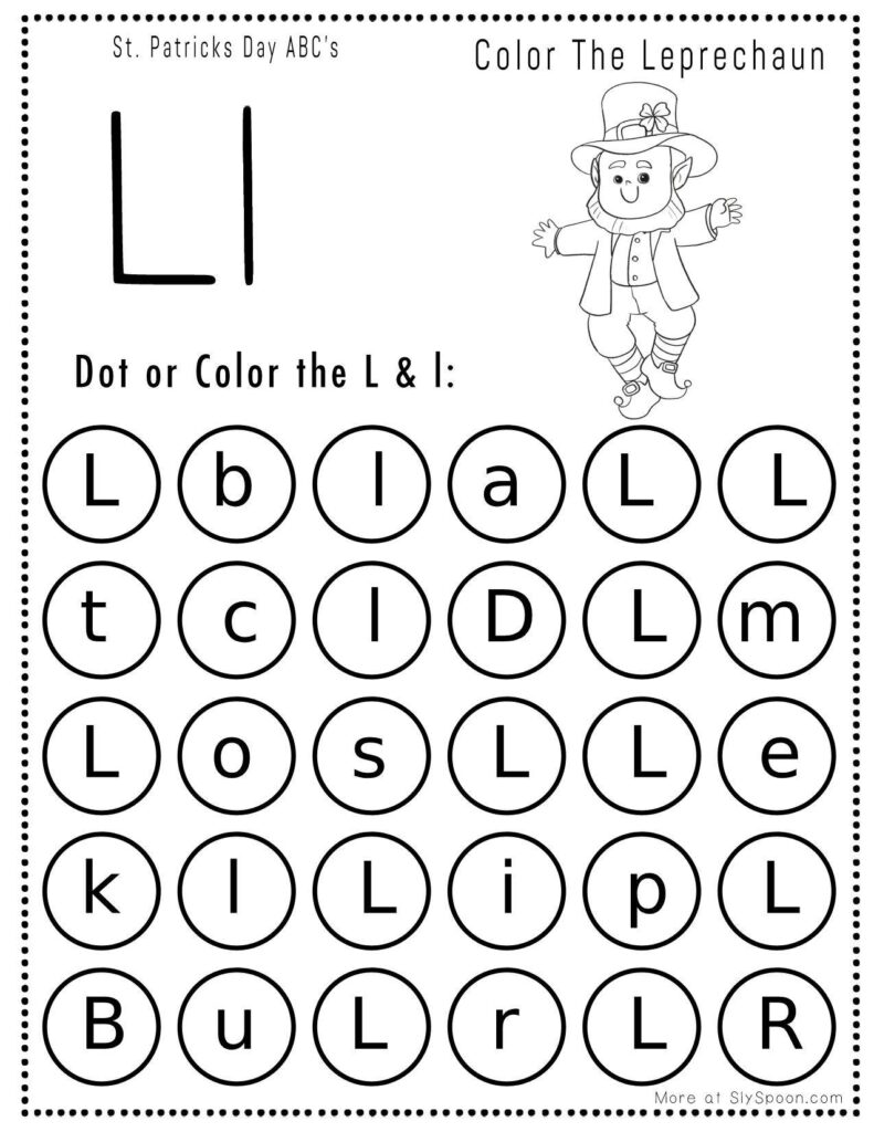 St. Patrick’s Day letter L dot marker worksheet where kids find and dab uppercase and lowercase L letters, with a leprechaun picture to color