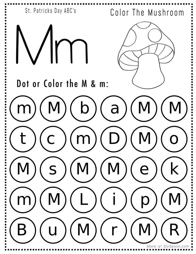 St. Patrick’s Day letter M dot marker worksheet where kids find and dab uppercase and lowercase M letters, with a mushroom picture to color