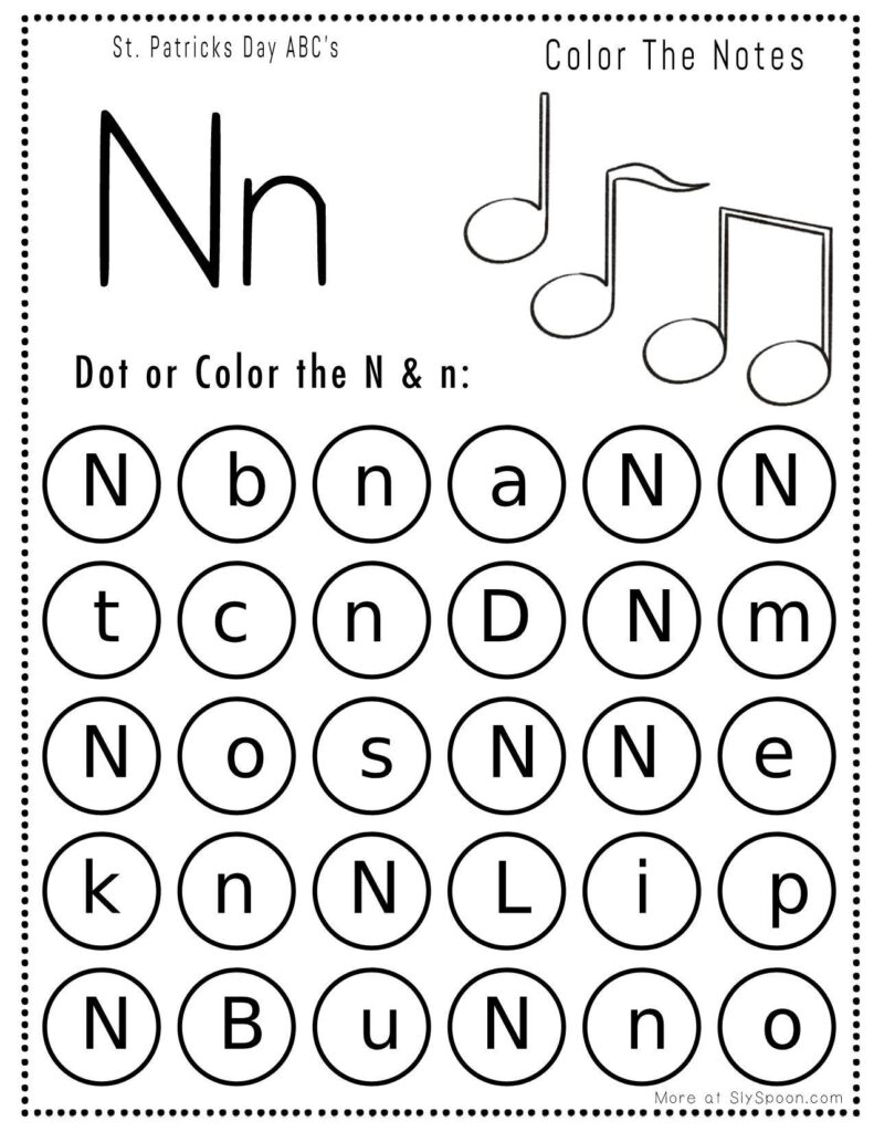 St. Patrick’s Day letter N dot marker worksheet where kids find and dab uppercase and lowercase N letters, with music notes picture to color
