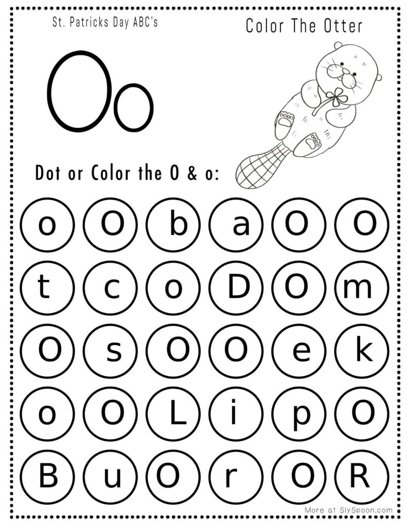 St. Patrick’s Day letter O dot marker worksheet where kids find and dab uppercase and lowercase O letters, with an otter picture to color