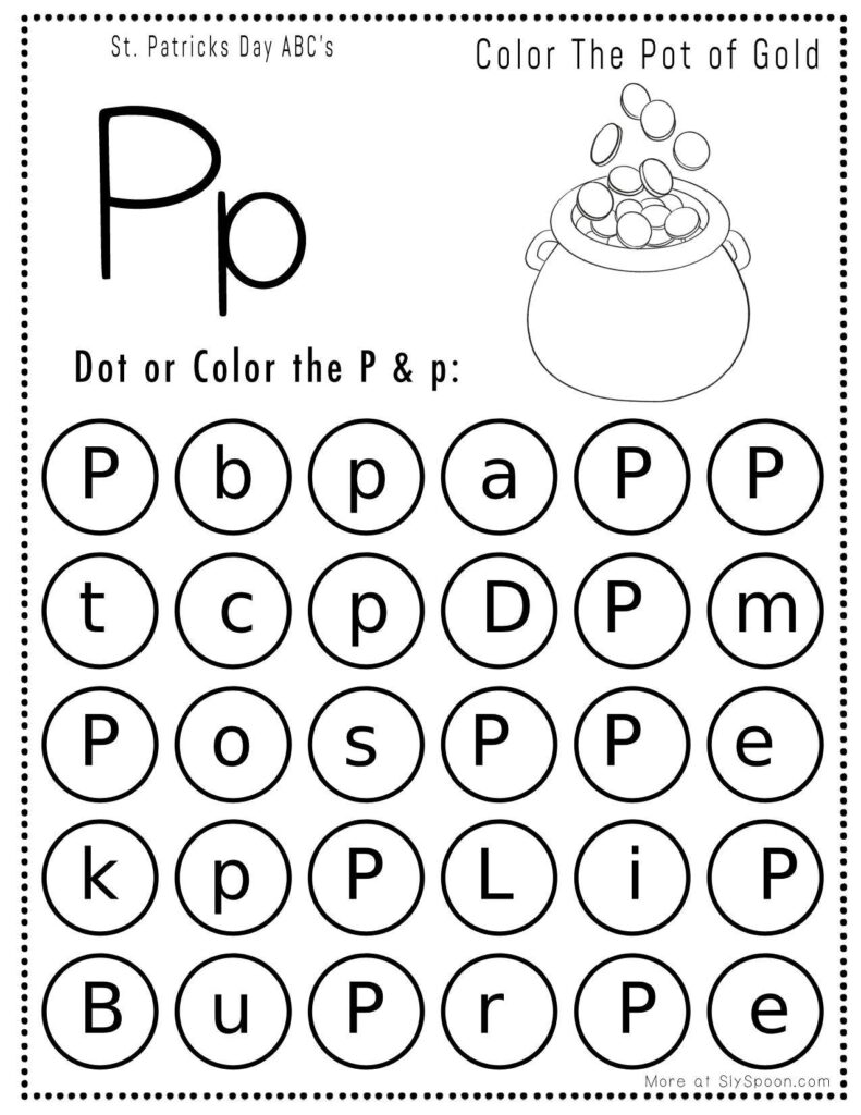 St. Patrick’s Day letter P dot marker worksheet where kids find and dab uppercase and lowercase P letters, with a pot of gold picture to color