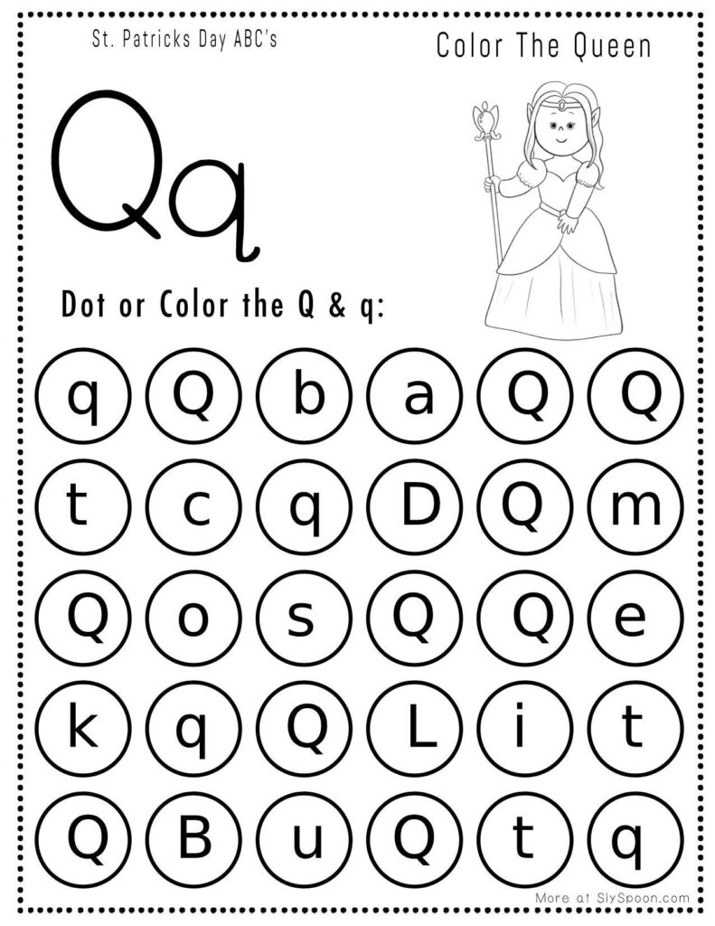 St. Patrick’s Day letter Q dot marker worksheet where kids find and dab uppercase and lowercase Q letters, with an elf queen picture to color