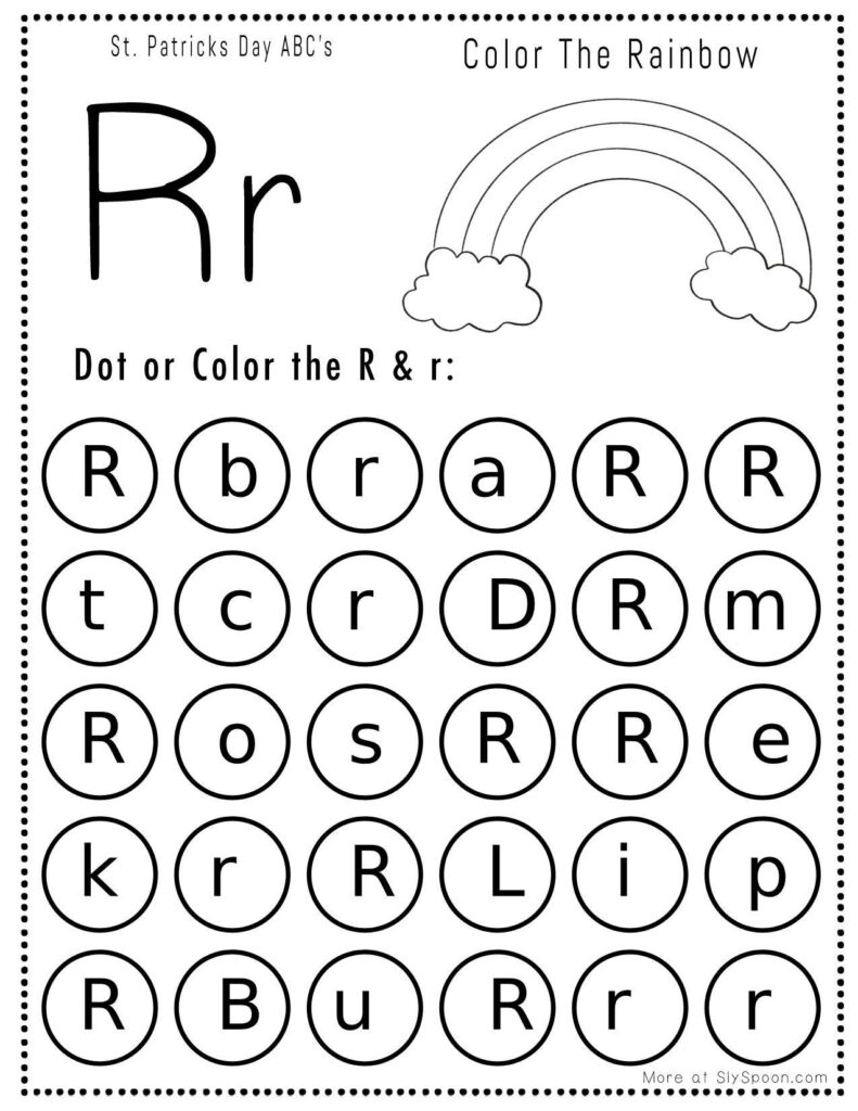 St. Patrick’s Day letter R dot marker worksheet where kids find and dab uppercase and lowercase R letters, with a rainbow picture to color