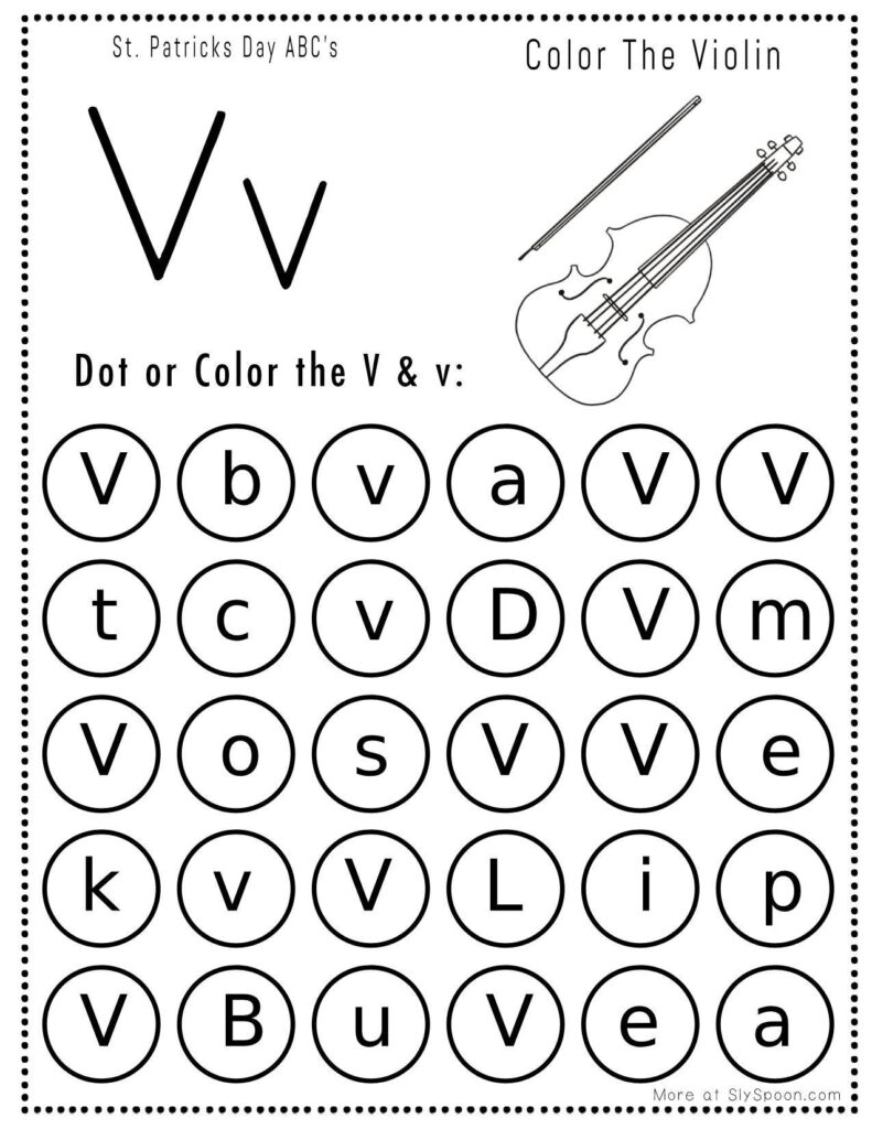 St. Patrick’s Day letter V dot marker worksheet where kids find and dab uppercase and lowercase V letters, with a violin picture to color