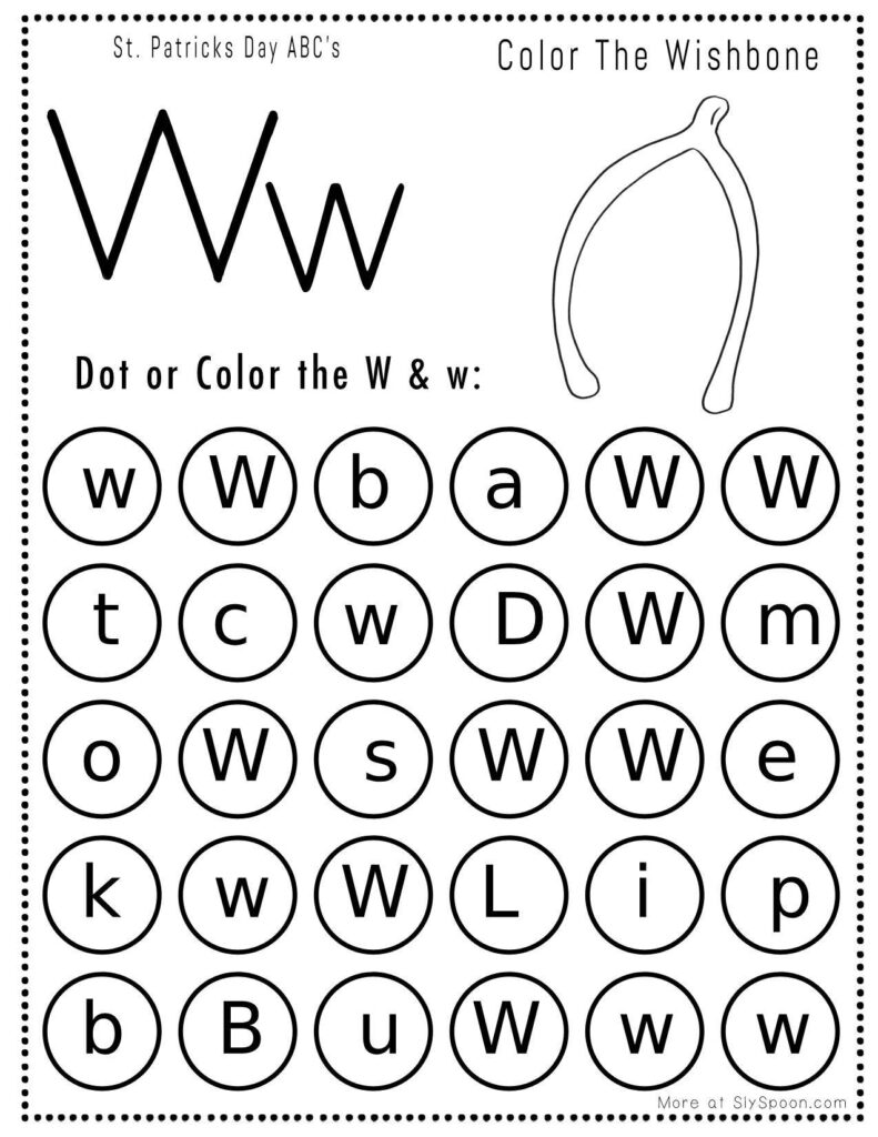 Letter W Dot Marker Worksheet – St. Patrick’s Day Free Printable (Wishbone) St. Patrick’s Day letter W dot marker worksheet where kids find and dab uppercase and lowercase W letters, with a wishbone picture to color