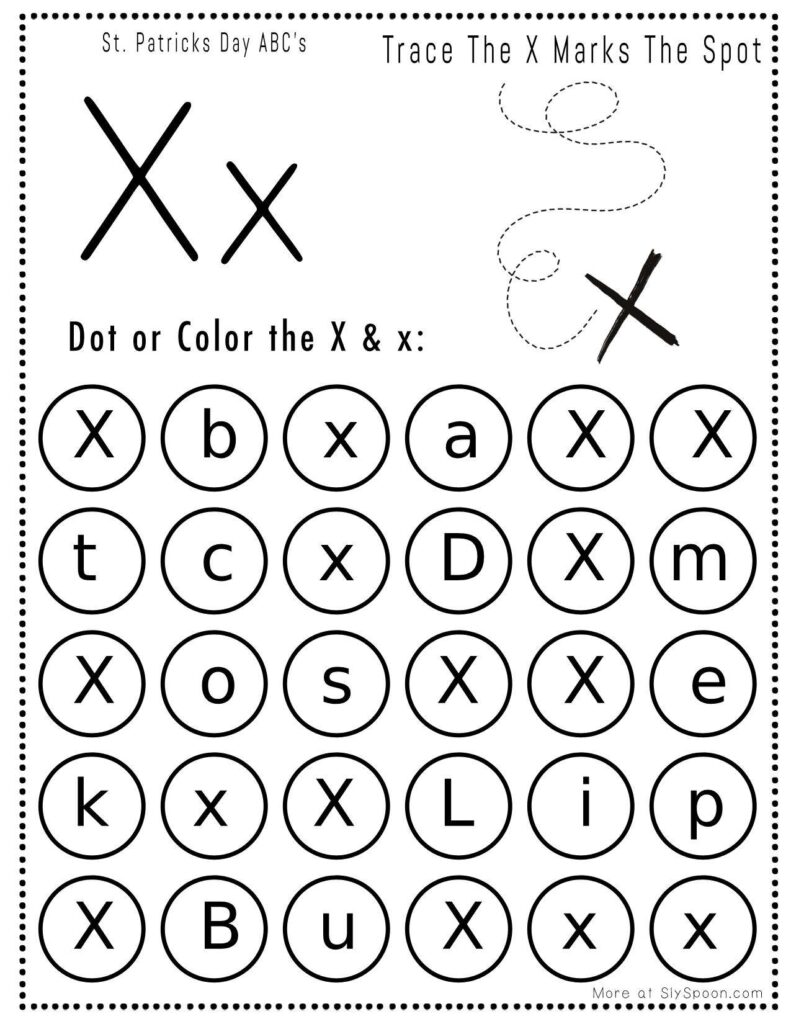 St. Patrick’s Day letter X dot marker worksheet where kids find and dab uppercase and lowercase X letters, with a treasure map picture