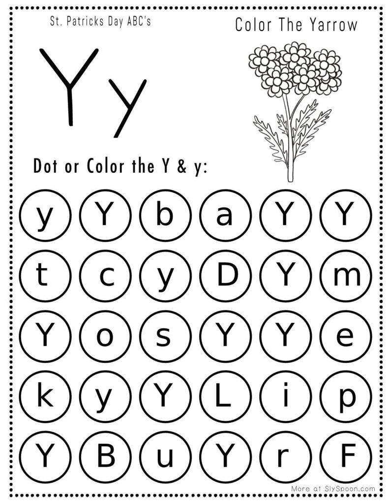 St. Patrick’s Day letter Y dot marker worksheet where kids find and dab uppercase and lowercase Y letters, with a yarrow flower picture