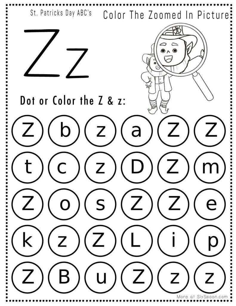 St. Patrick’s Day letter Z dot marker worksheet where kids find and dab uppercase and lowercase Z letters, with a zoomed-in leprechaun picture