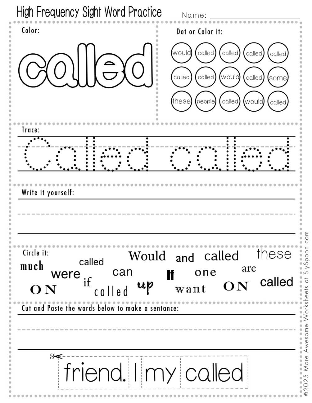 Advanced sight word called worksheet printable