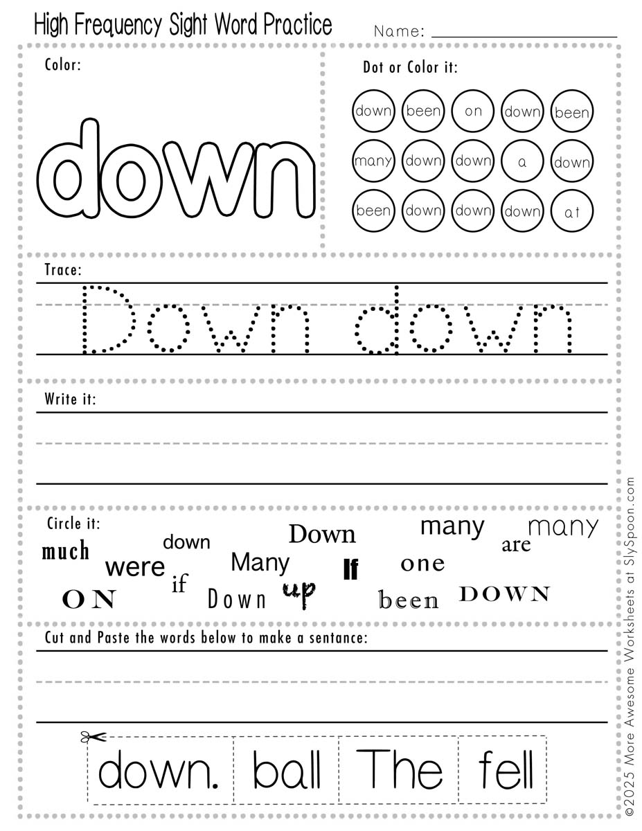 Advanced sight word down worksheet printable