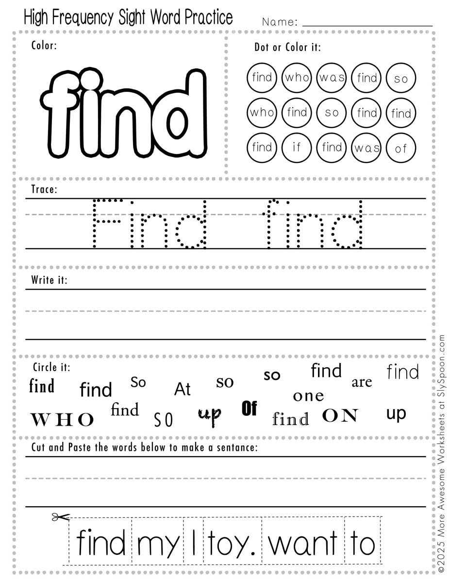 Advanced sight word find worksheet printable