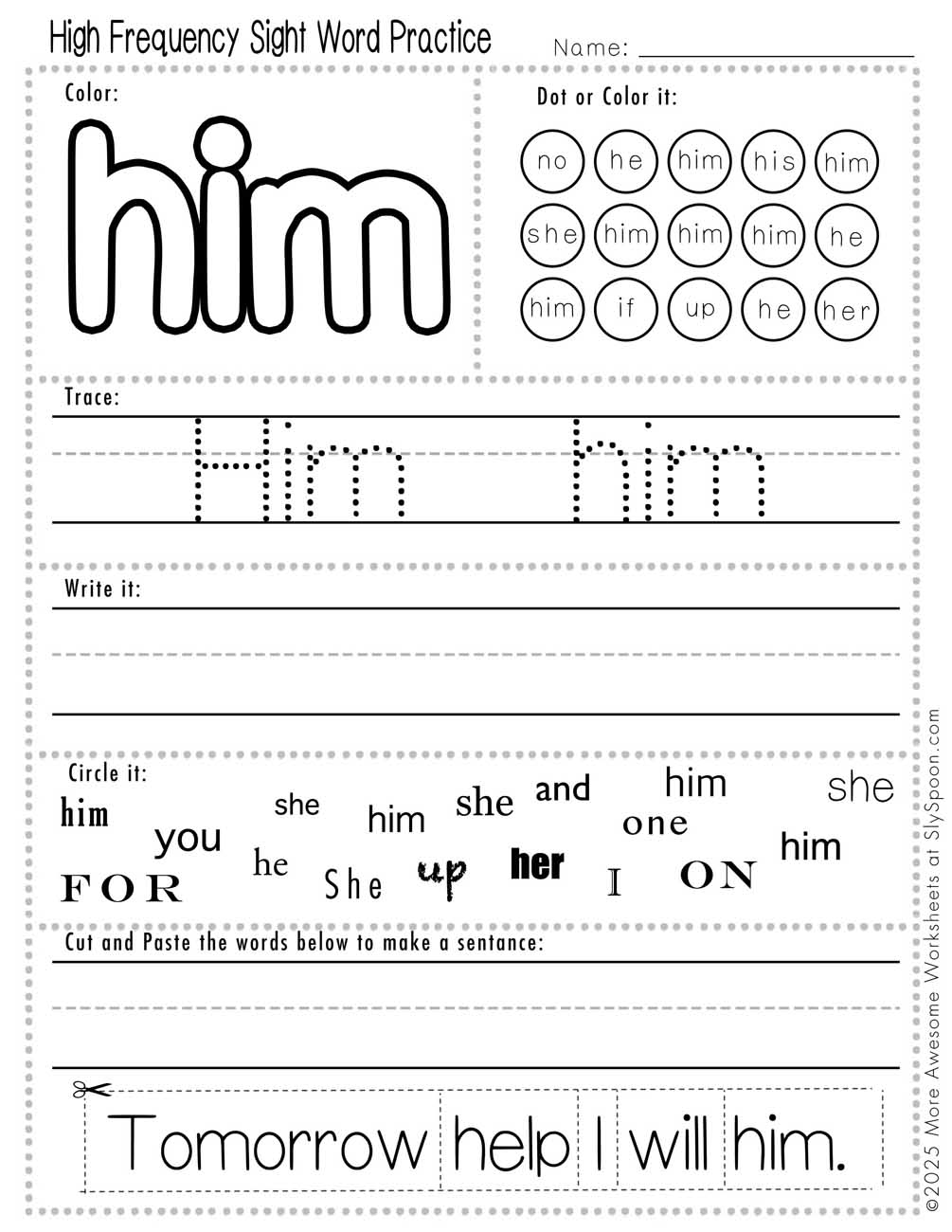 Advanced sight word him worksheet printable