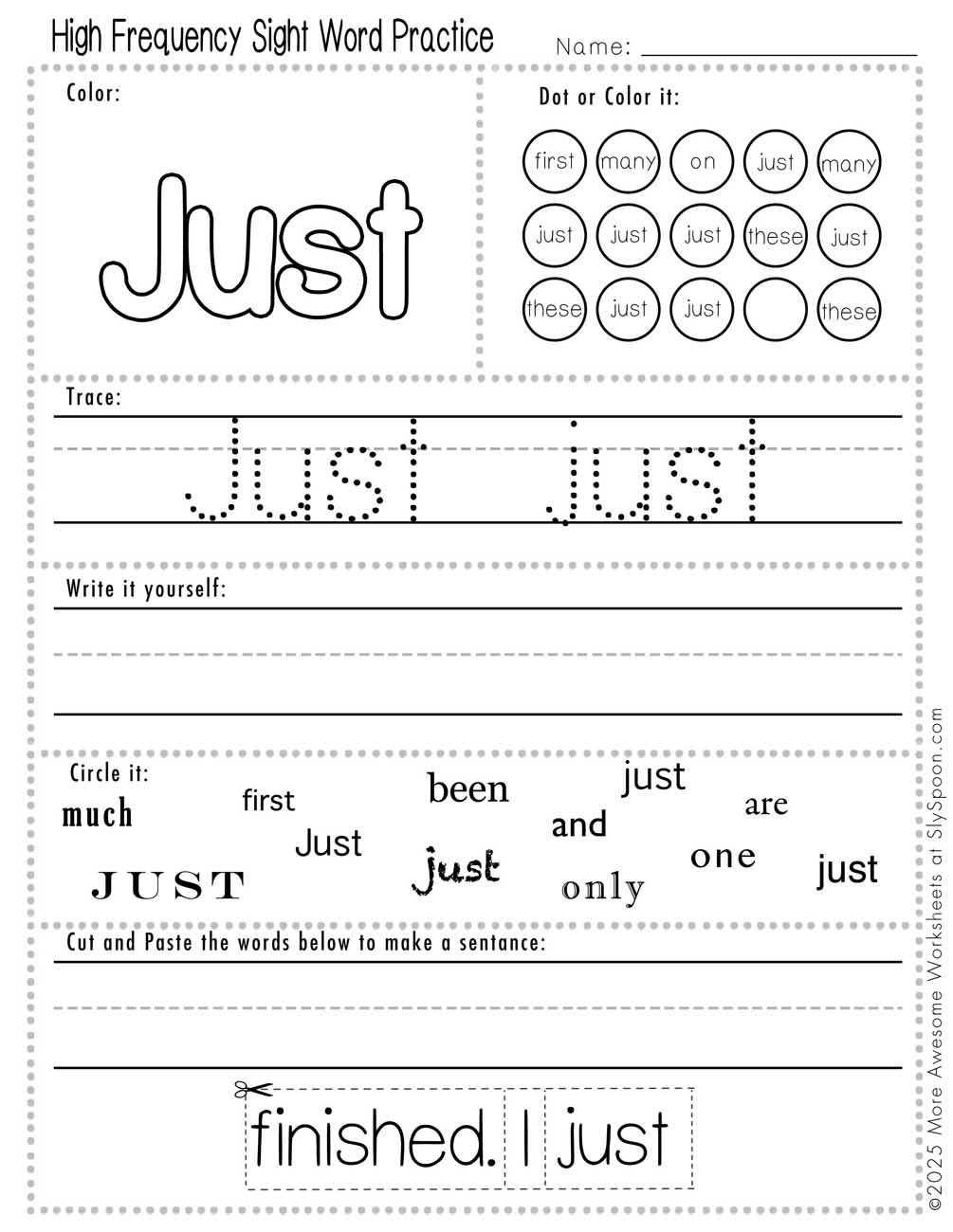 Advanced sight word just worksheet printable