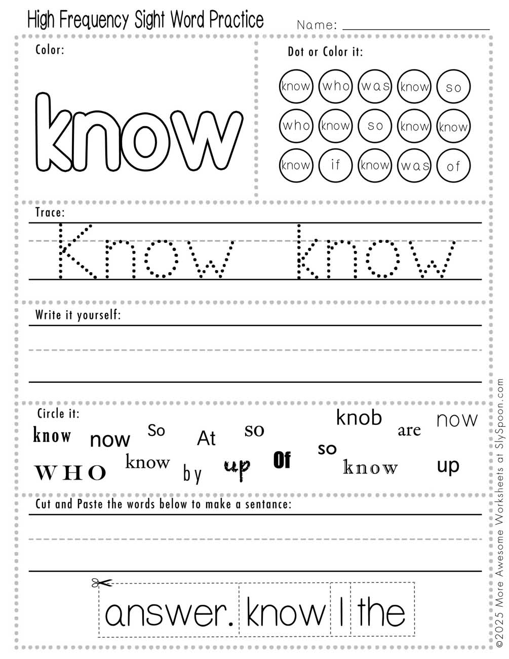 Advanced sight word know worksheet printable