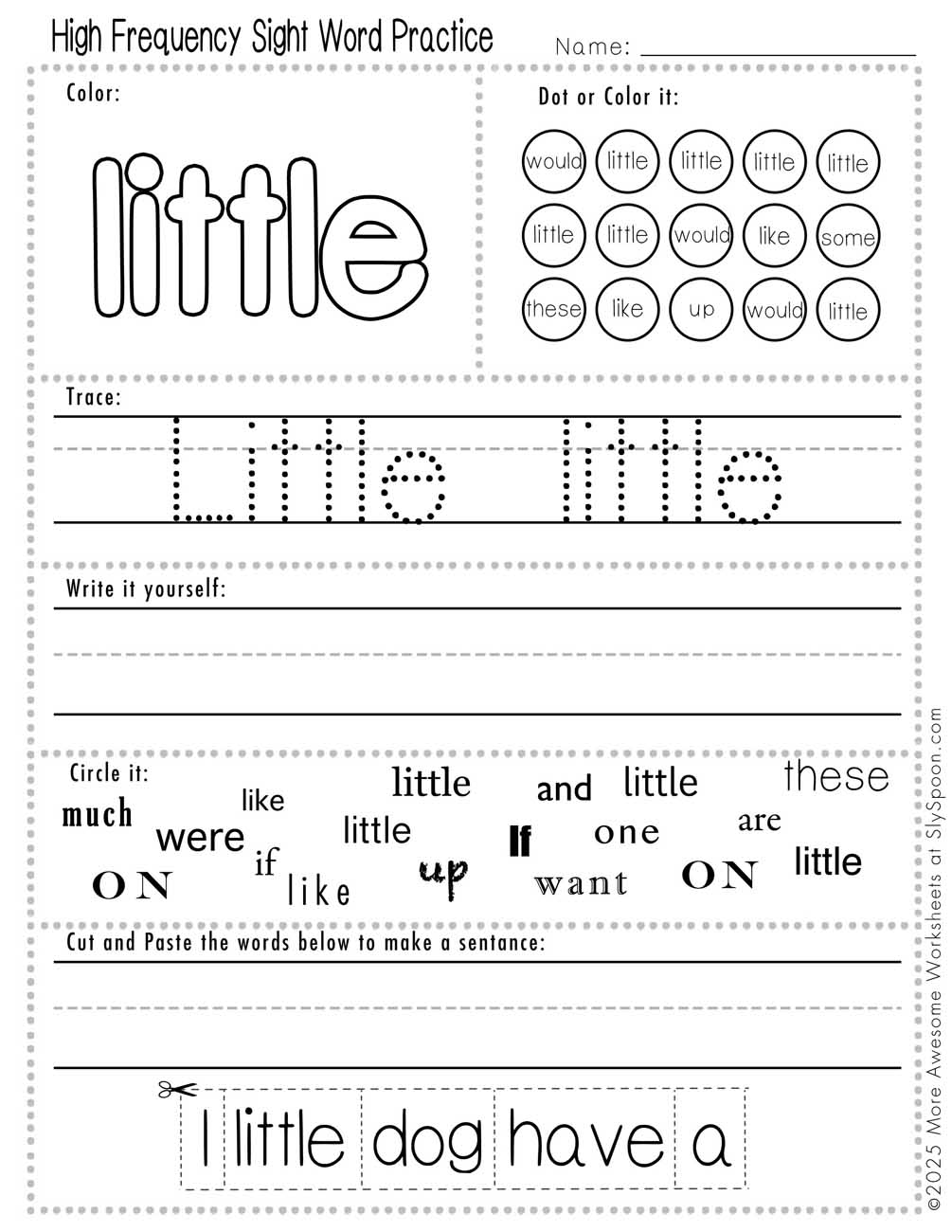 Advanced sight word little worksheet printable