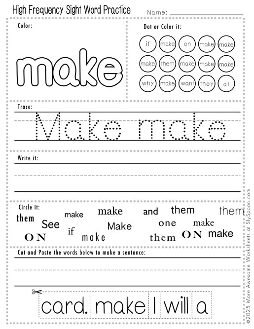 Advanced sight word make worksheet printable
