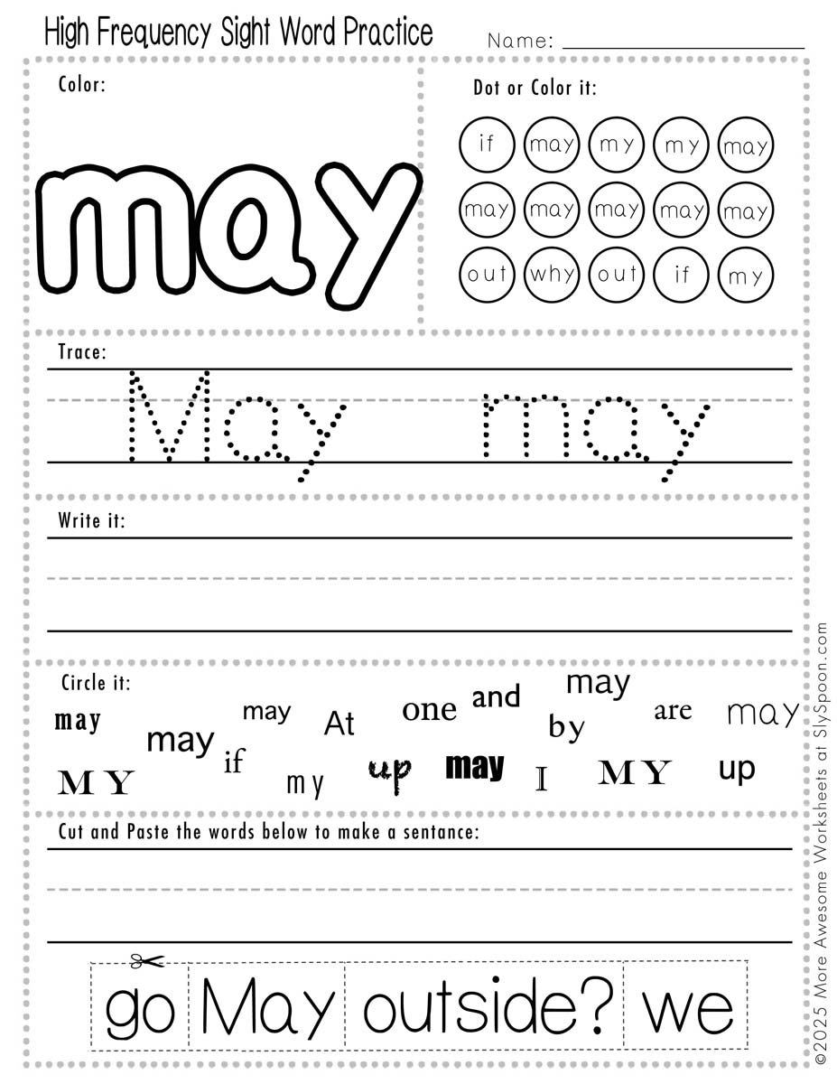 Advanced sight word may worksheet printable