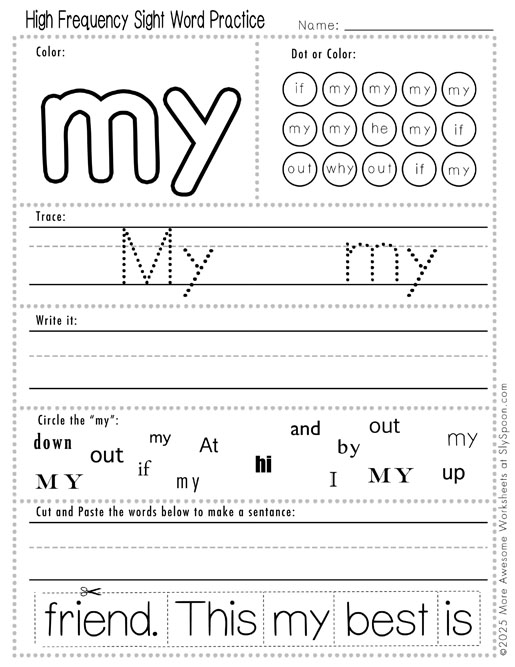 Advanced sight word my worksheet printable