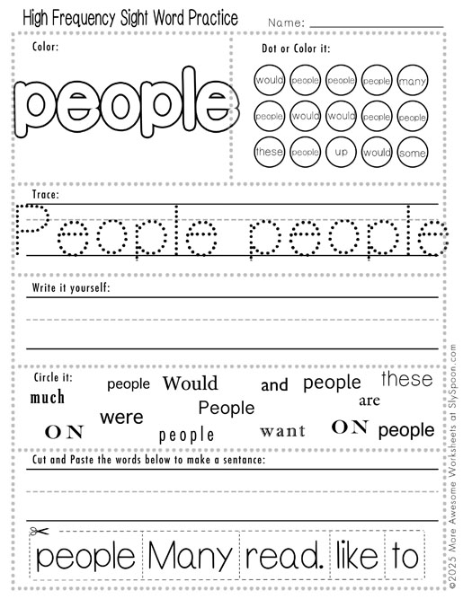 Advanced sight word people worksheet printable