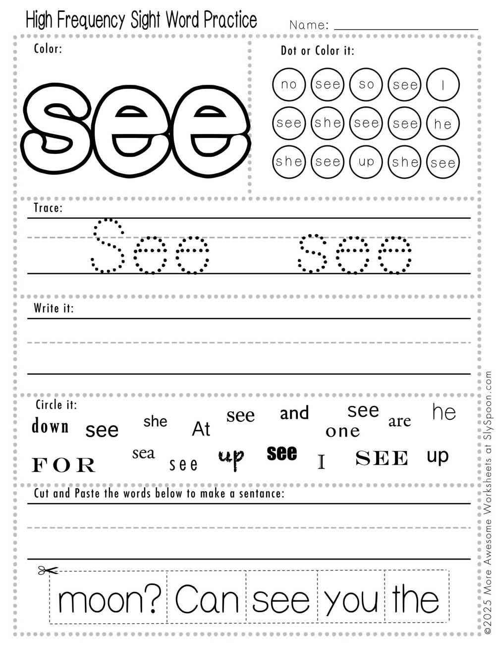 Advanced sight word see worksheet printable