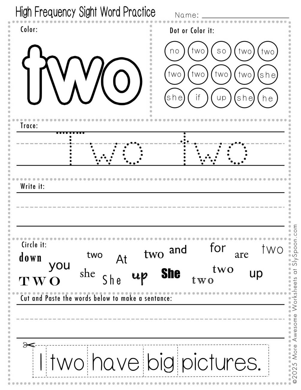 Advanced sight word two worksheet printable