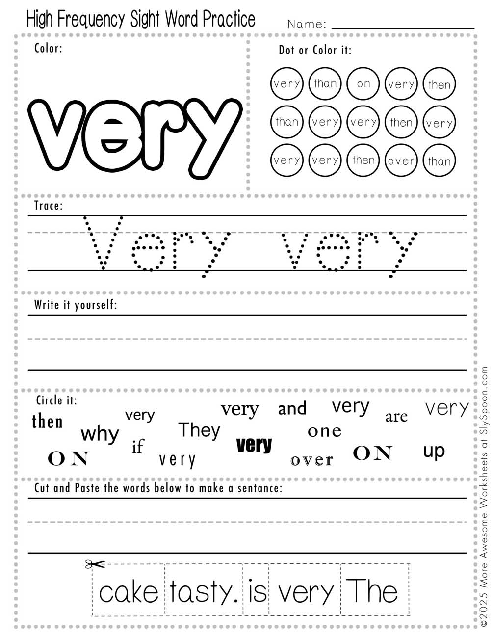 Advanced sight word very worksheet printable