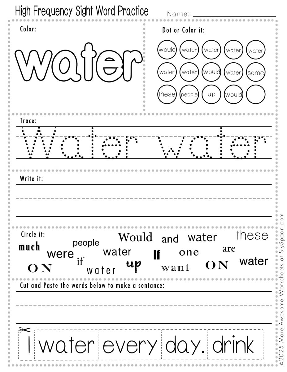 Advanced sight word water worksheet printable