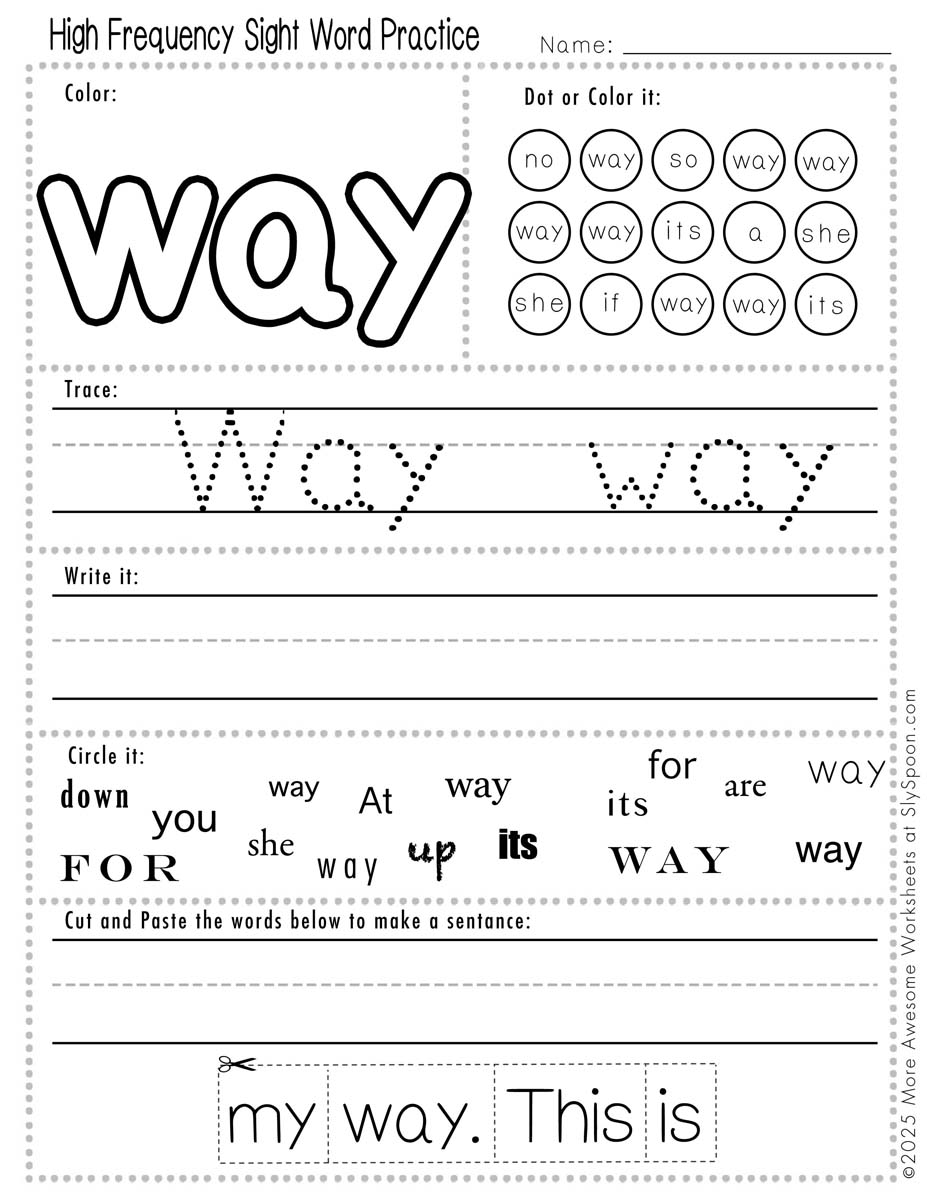 Advanced sight word way worksheet printable