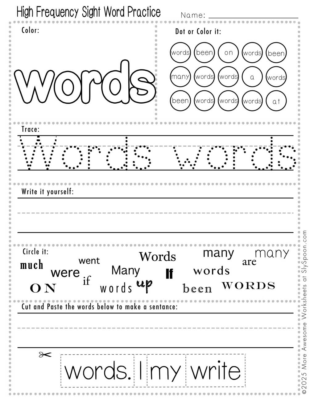 Advanced sight word words worksheet printable