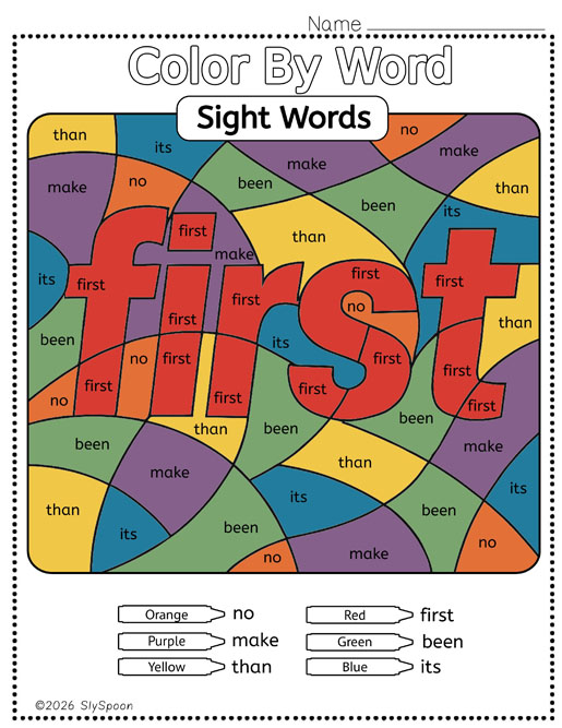 Color by sight word first worksheet printable