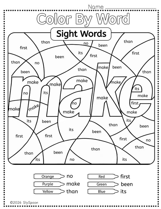 Color by sight word make worksheet printable